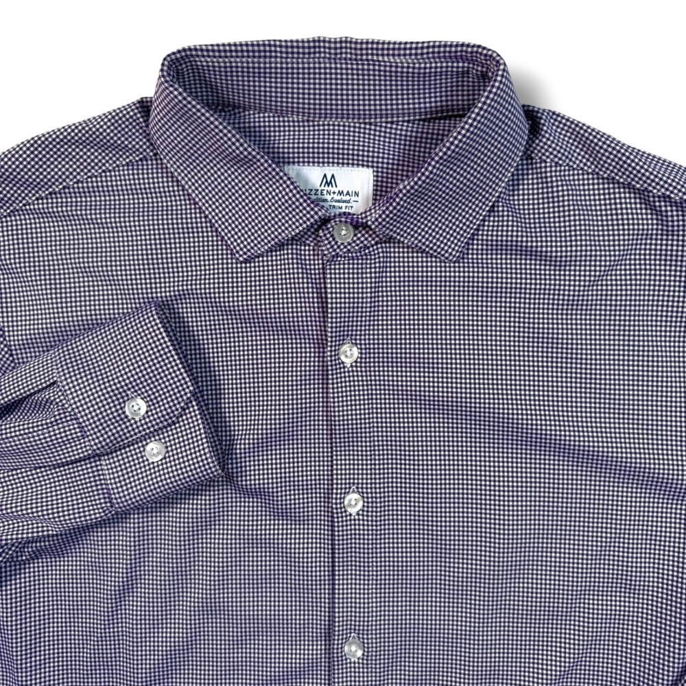 Mizzen+Main Trim Fit Performance Dress Shirt XL Mens Purple Gingham